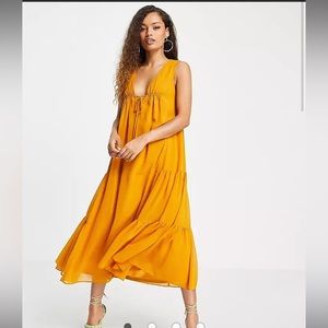 ASOS DESIGN golden petite sleeveless trapeze maxi dress w tie detail & sidetiers